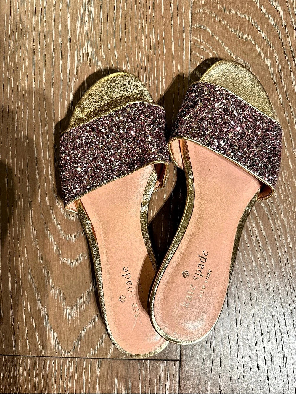 kate spade Glitter Slide Sandals in Pink & Gold